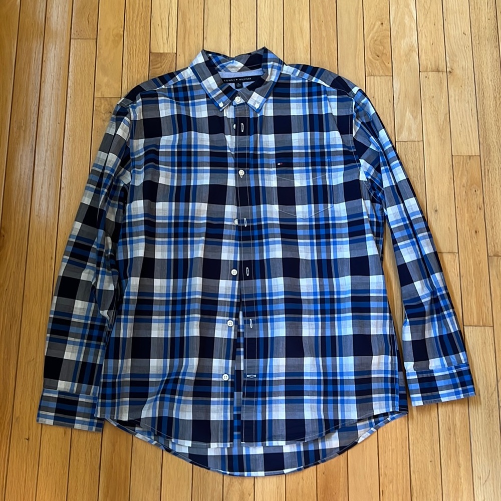 Blue and Grey Plaid Tommy Hilfiger Dress Shirt